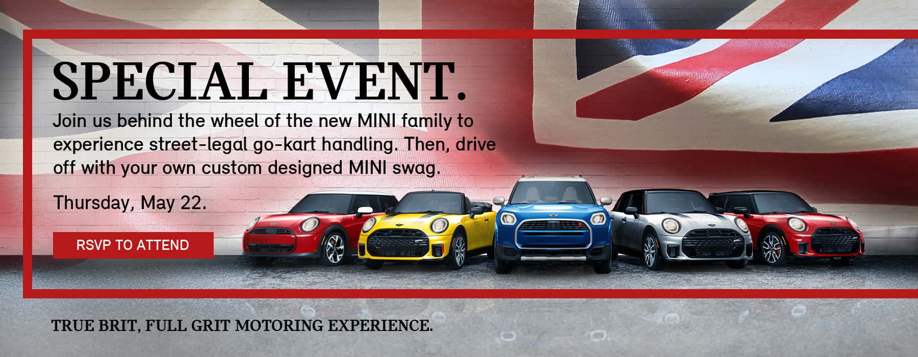 Front view of MINI fleet parked in front of a multicolored flag.