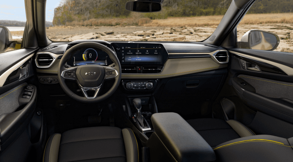View of front cabin in 2024 Chevrolet Trailblazer ACTIV with Jet Black with Artemis interior. Preproduction model shown. Actual production model may vary. Available in fall 2023.