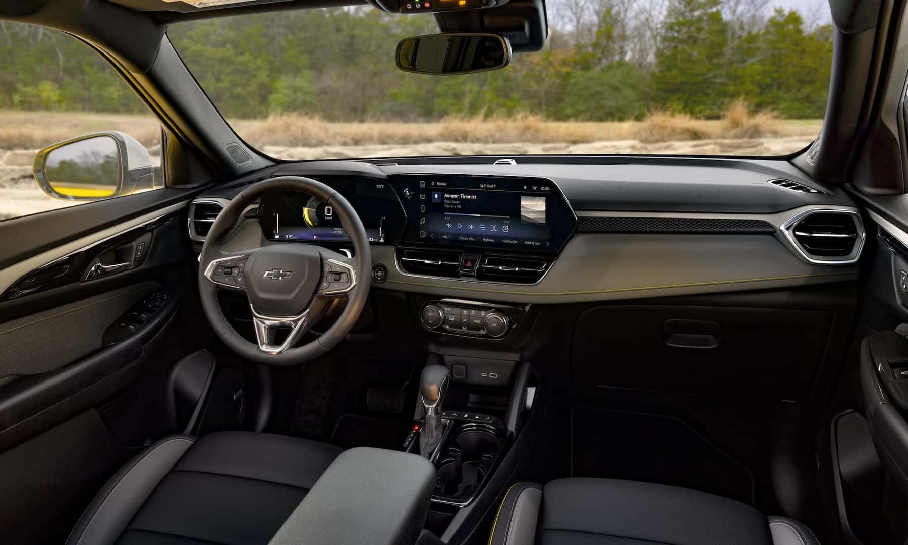 View of front cabin in 2024 Chevrolet Trailblazer ACTIV with Jet Black with Artemis interior. Preproduction model shown. Actual production model may vary. Available in fall 2023.