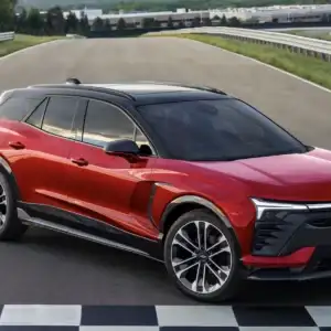 2026 Chevrolet Blazer EV SS Radiant Red Tintcoat on a race track