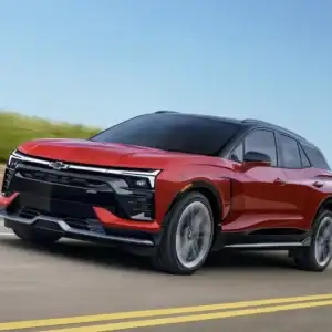2026 Chevrolet Blazer EV SS Radiant Red Tintcoat with Black roof in motion