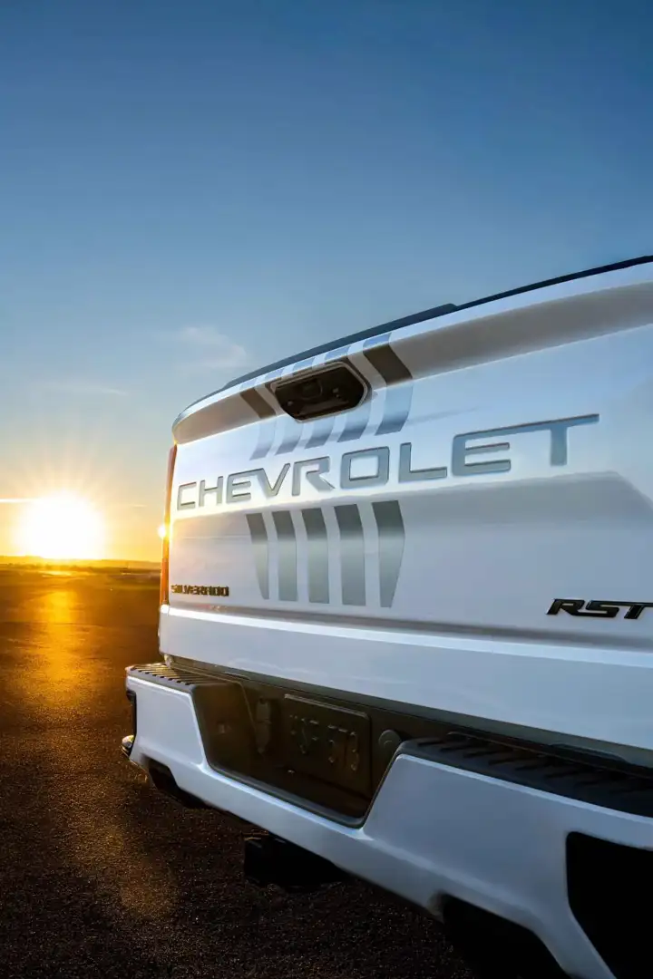 Chevy Stars and Steel on a White Silverado rear tailgate view
