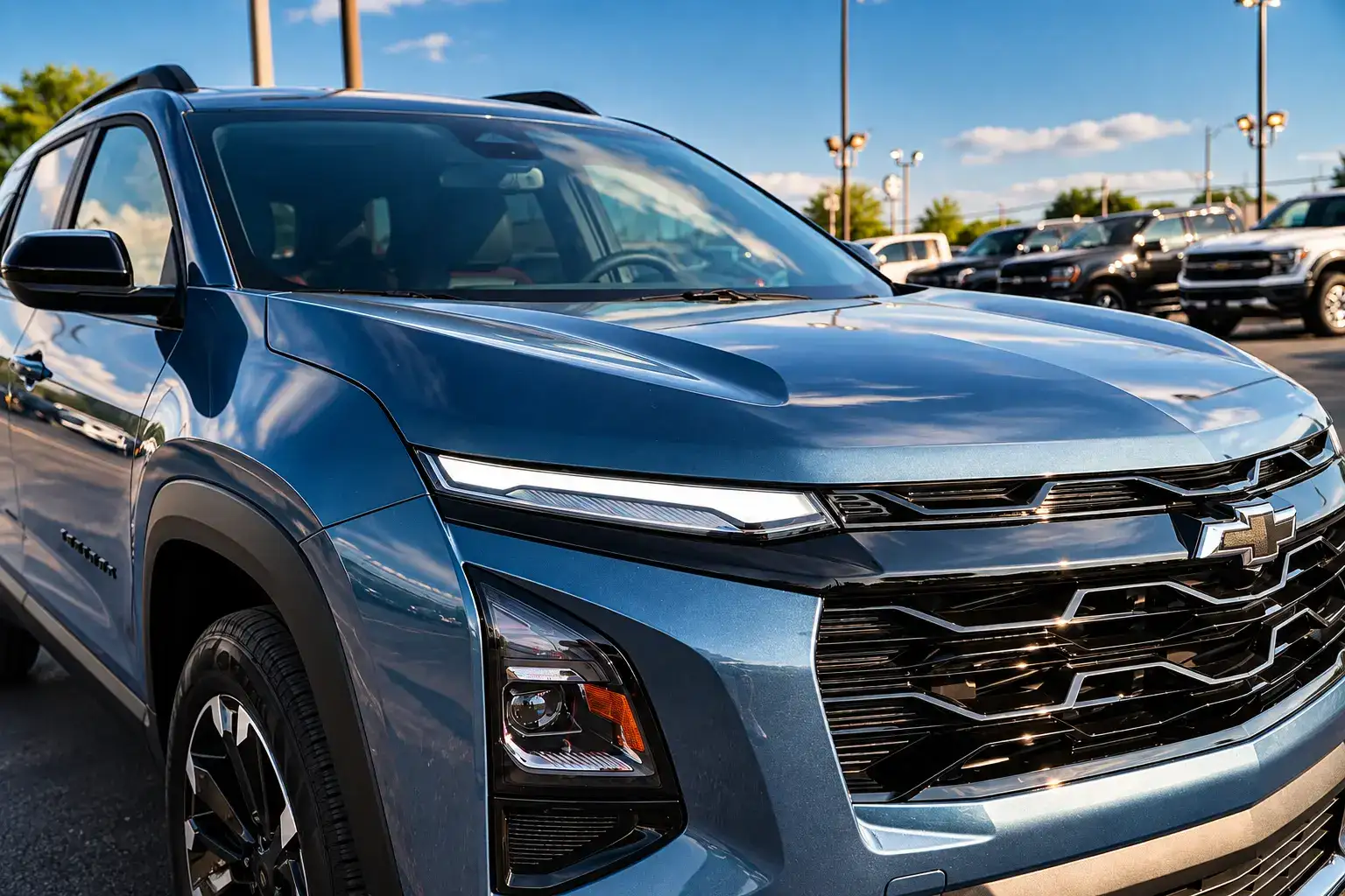 Blue 2026 Chevrolet Equinox RS featuring a blacked-out grille, sporty front fascia, LED headlights, and dark alloy wheels.