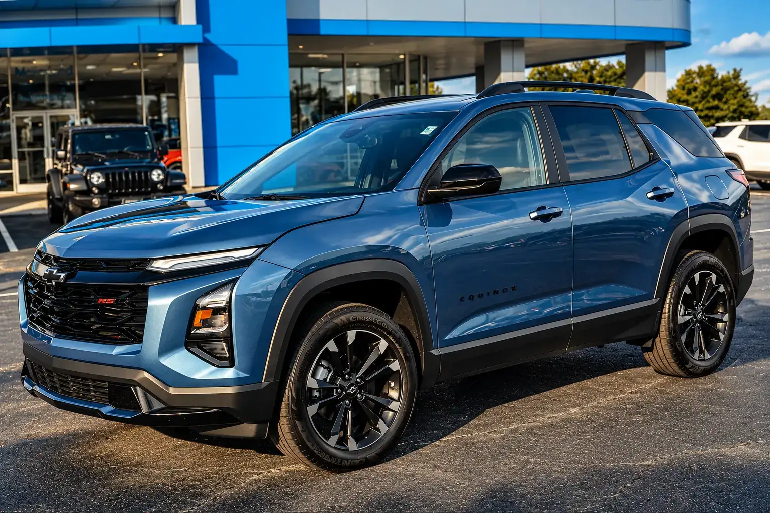 Blue Chevrolet Equinox RS with black alloy wheels and sporty exterior styling parked at a dealership.