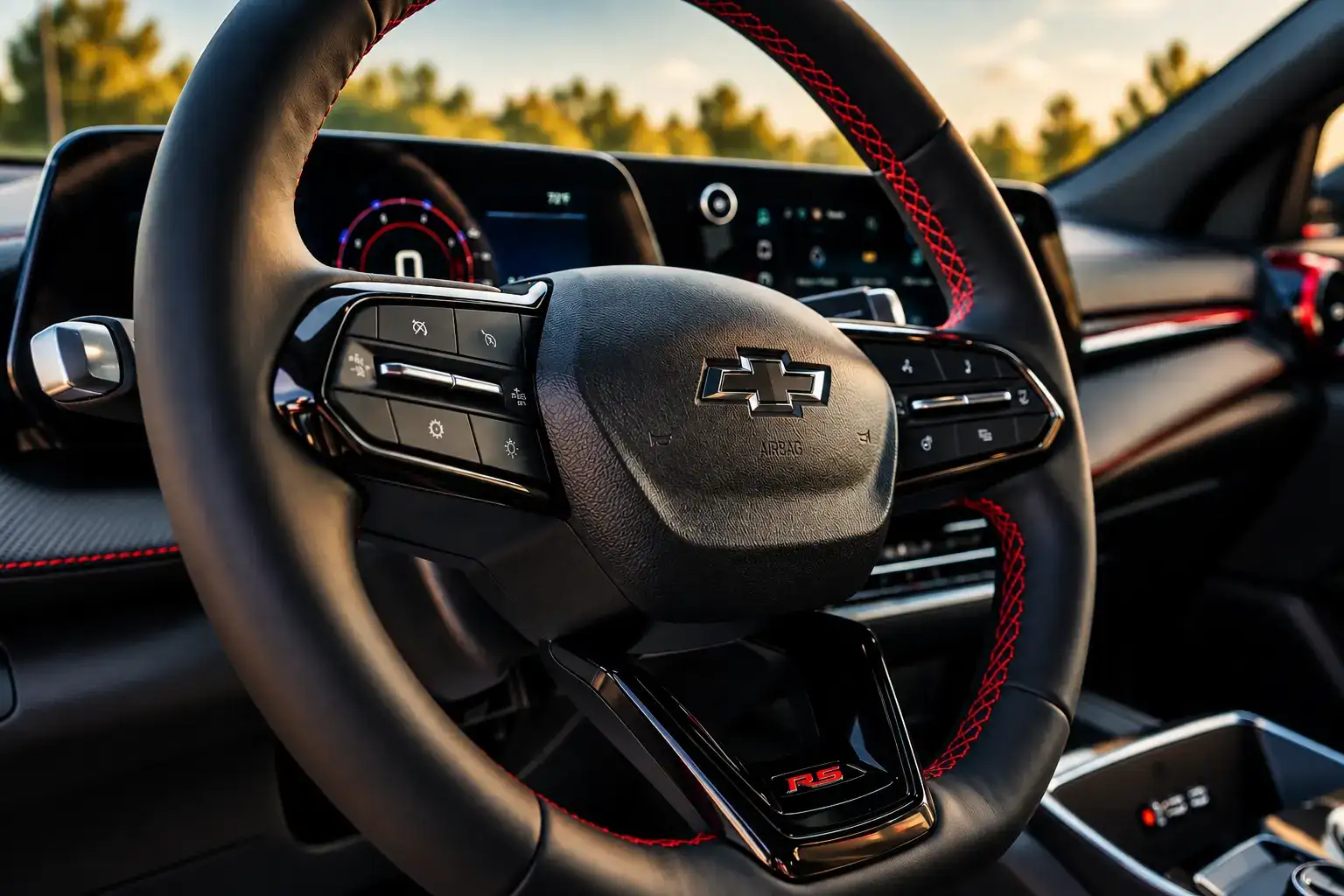 Close-up of a Chevrolet RS interior featuring a black leather steering wheel with red stitching, chrome Chevrolet bowtie emblem, digital instrument cluster, and sporty dashboard details.