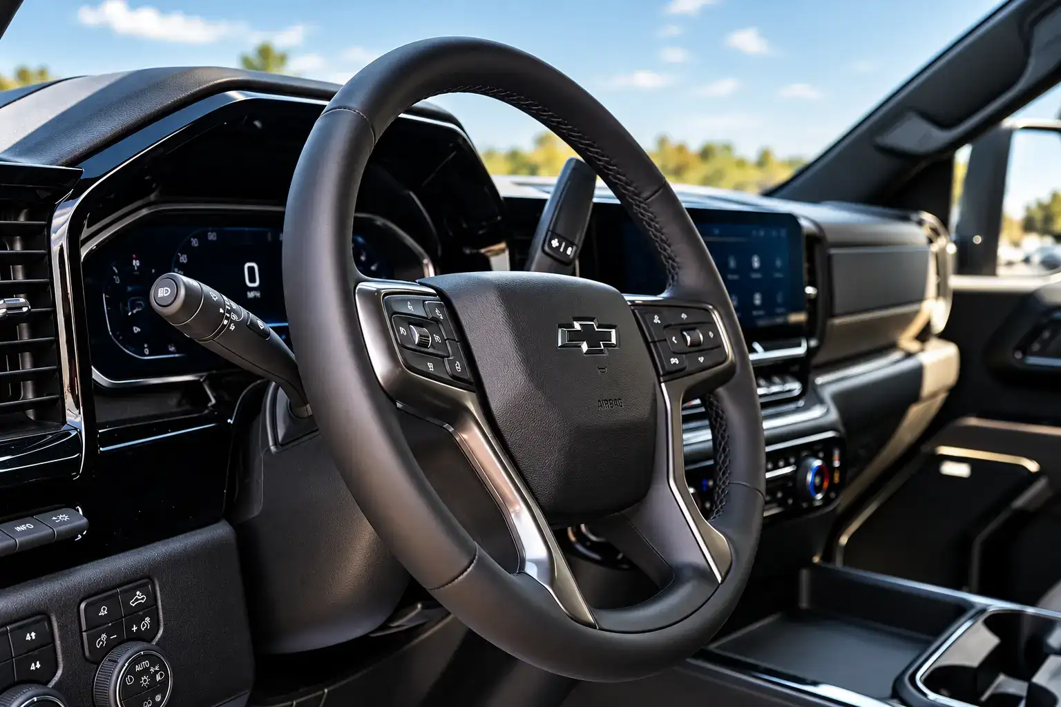 Chevrolet vehicle interior featuring a leather-wrapped steering wheel, digital instrument cluster, infotainment screen, and dashboard controls.