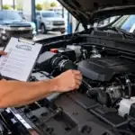 Photo of a technician's hands inspecting an SUV engine bay with a checklist nearby