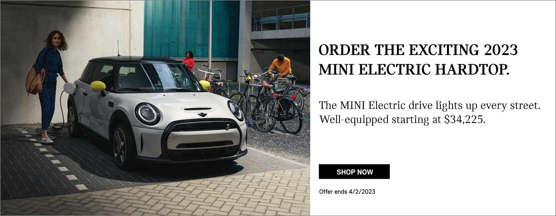 ORDER THE EXCITING 2023 MINI ELECTRIC HARDTOP. CLICK TO SHOP NOW. PICTURE IS A MINI ELECTRIC PARKED UNDER A PARKING GARAGE