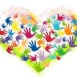 A group of drawn hands in the shape of a heart