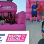 An image displaying some Preston Hood Chevrolet Employees taking pictures in the big inflatable pink Making Strides Chair