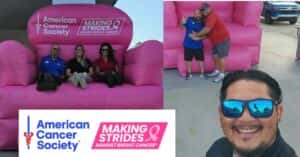 An image displaying some Preston Hood Chevrolet Employees taking pictures in the big inflatable pink Making Strides Chair