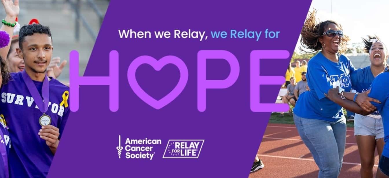 An image the relay for life slogan in the middle and on the left is a man standing at an event holding his medal around his neck and on the left is a group of women at an event happily jumping up and down in a circle