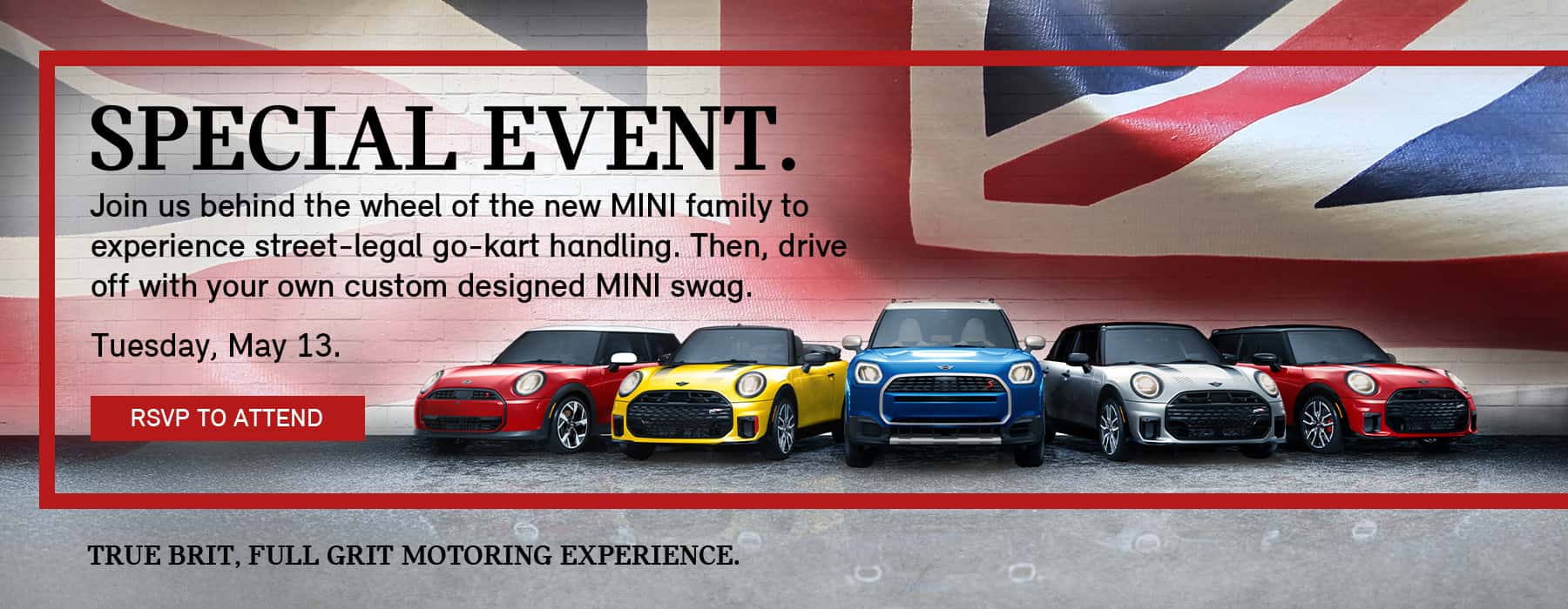 MINI fleet in front of a multicolored flag.