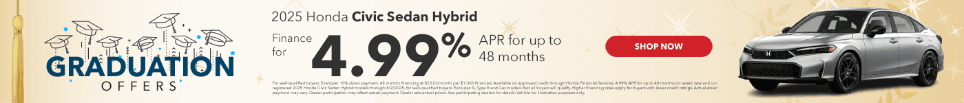 2025 Honda Civic Sedan Hybrid Finance for 4.99% APR for up to 48 months