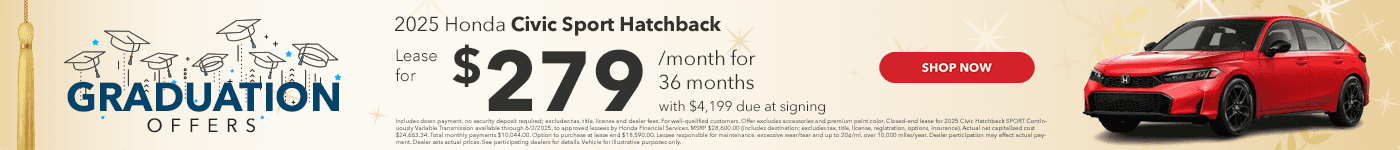 2025 Honda Civic Sport Hatchback Lease for $279/month for 36 months with $4,199 due at signing