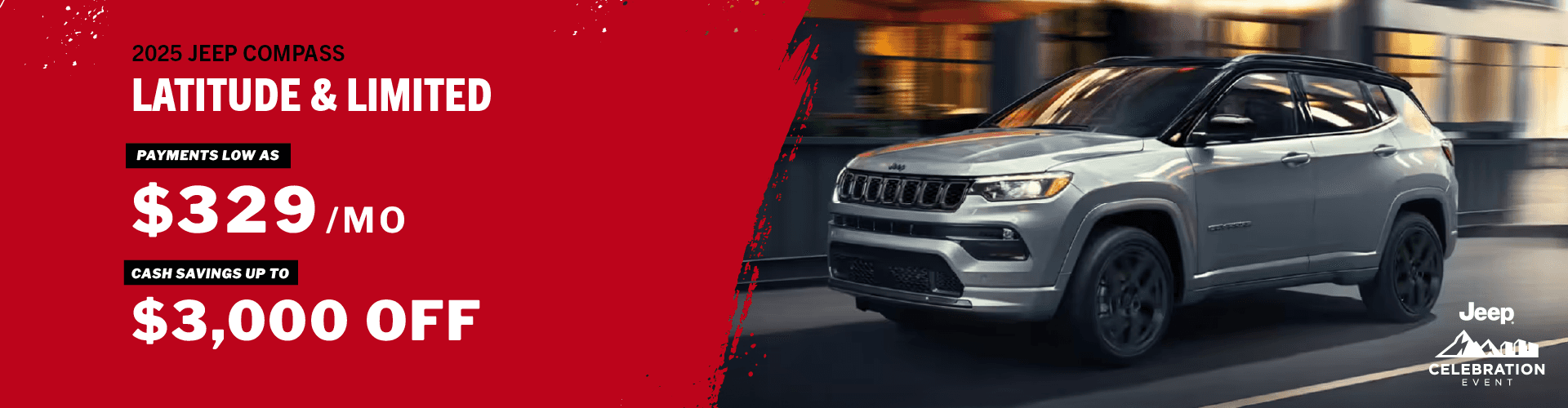 MSRP of $32,355. Example VIN 3C4NJDBN9ST516110. Special payments and Loan Rates for well-qualified buyers. Not all will qualify. Offers expire March 31, 2025. Payment offer is for 42 months at 10,000 miles and requires $4999 due at signing. Special APR rate for may not be combined with other offers and down payment varies with credit. See dealer for details.