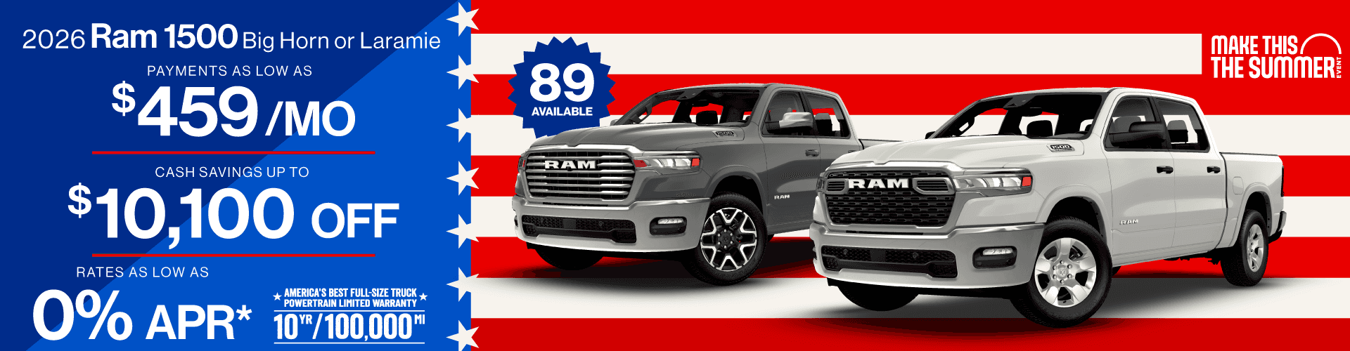 2026 RAM 1500 Big Horn/Laramie : Payments as low as $459 per month - Rates as low as 0% APR - Cash savings up to $10,100