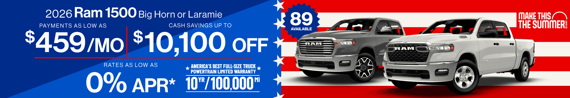 2026 RAM 1500 Big Horn/Laramie : Payments as low as $459 per month - Rates as low as 0% APR - Cash savings up to $10,100