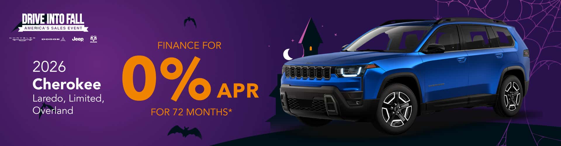 2026 Jeep Cherokee Laredo, Limited, Overland: 0% APR for 72 months months*