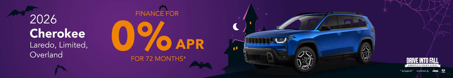 2026 Jeep Cherokee Laredo, Limited, Overland: 0% APR for 72 months months*