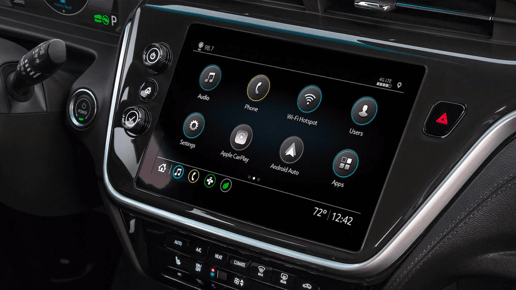 2022 Chevy Bolt EV dashboard close up with a infotainment screen. 