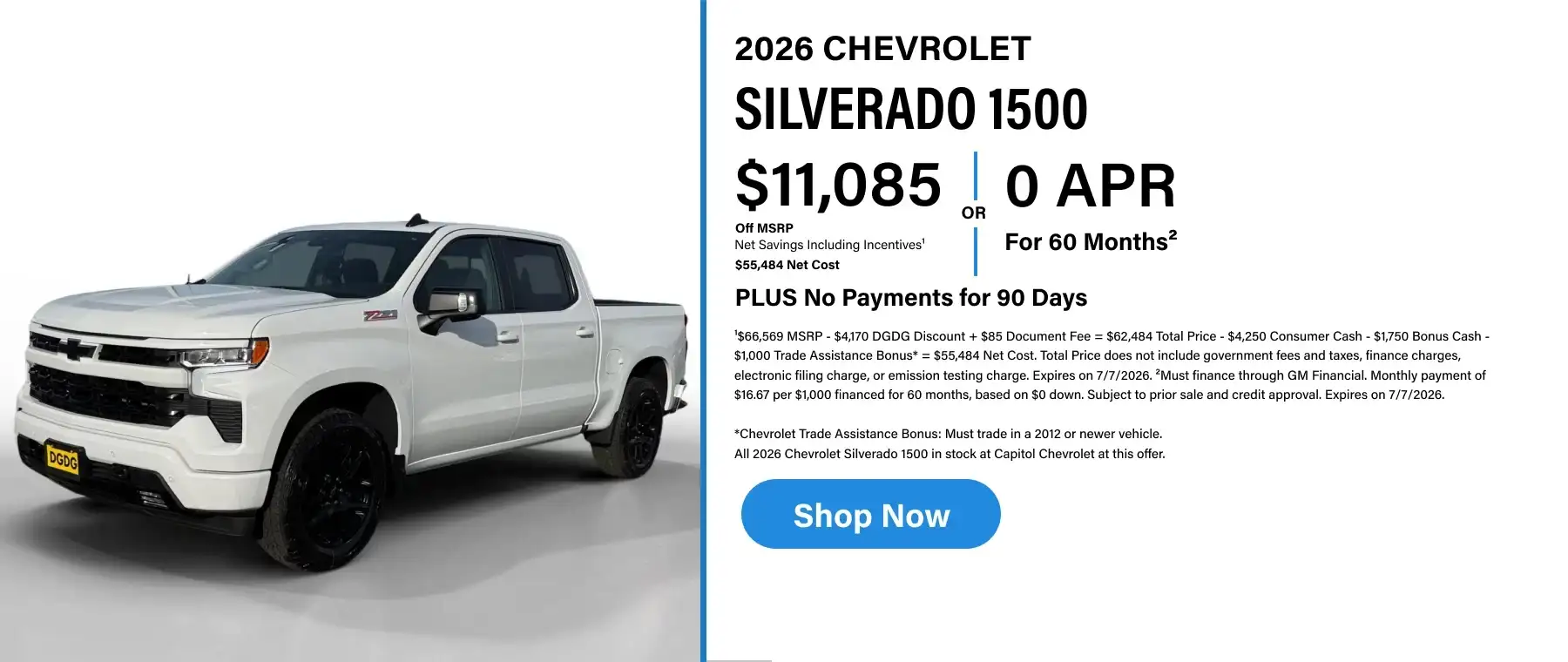 Promotional purchase offer for a 2026 Chevrolet Silverado 1500 featuring $11,085 off MSRP and 0% APR financing for 60 months, alongside a white crew cab pickup truck.