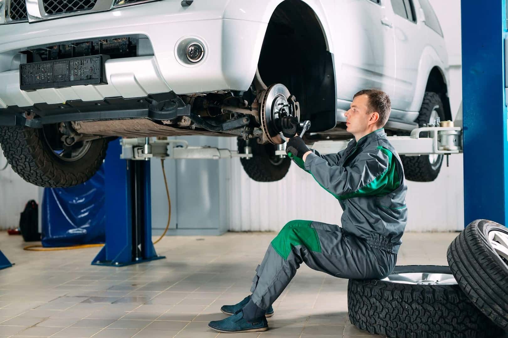 Mechanic working on a brake repair
