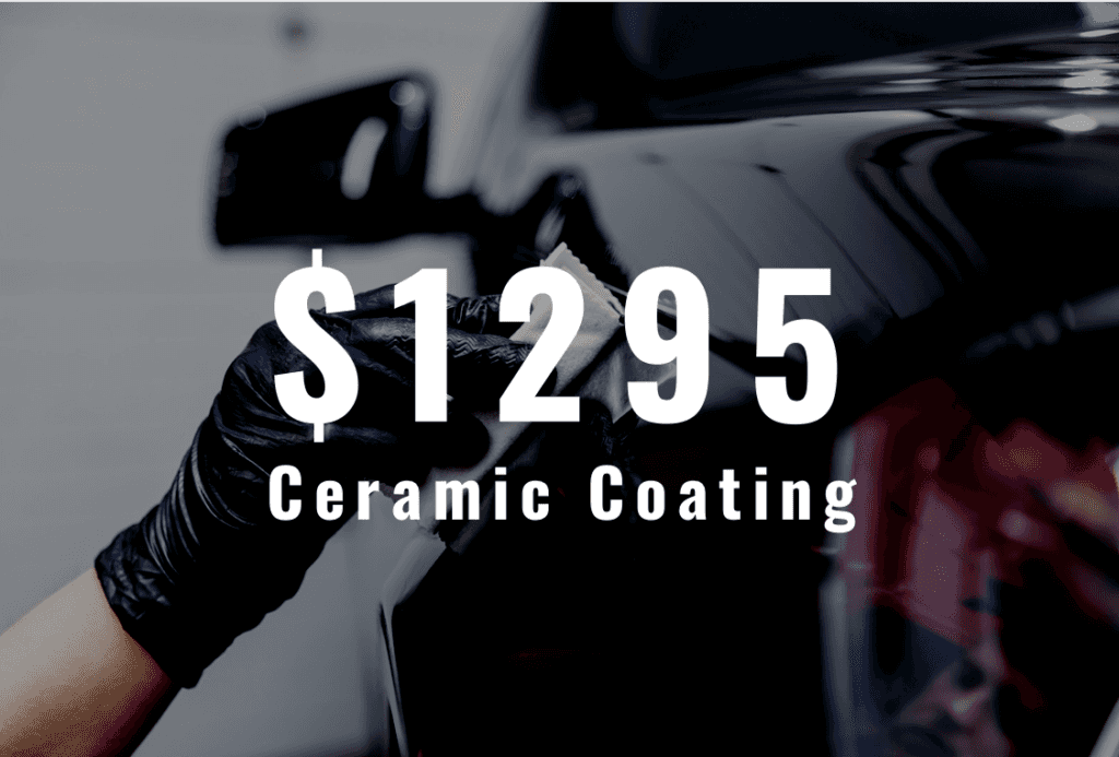 $1295 Ceramic Coating written on top of a photograph of a person detailing a vehicle