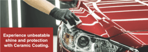 "experience unbeatable shine and protection with ceramic coating." written on top of a vehicle being rubbed off by a hand.