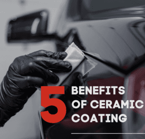 "5 benefits of ceramic coating is written on top of a photograph of a close up of someone applying ceramic coating to a vehicle