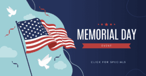 "Memorial Day event click her for specials" written on a graphic of the American flag and white doves.