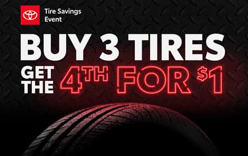 Excludes mounting & balancing (installation cost of 4 tires is $35 per tire plus tax), sales tax, tire disposal. Tires must be dealer installed by November 7, 2026. OEM, OEA and WIN tires on-program replacement tires purchased through the Toyota Tire Center. https://www.toyotatirecenter.com/?uid=803E1BAD-2A46-4B50-9764661C41FA5136. Three tires at regular price, fourth tire one dollar plus tax and CA tire fee. The fourth tire must be of equal or lesser value and be the same tire brand and part number. Tire disposal fee cost is $5.00 per tire. Sales tax and CA Tire Fee applied at checkout on total purchase of 4 tires. Not valid on previous purchases. Toyota and Scion makes only. May not be combined with other coupons or offers. See Toyota of Glendale for details. Expires 10/31/26.