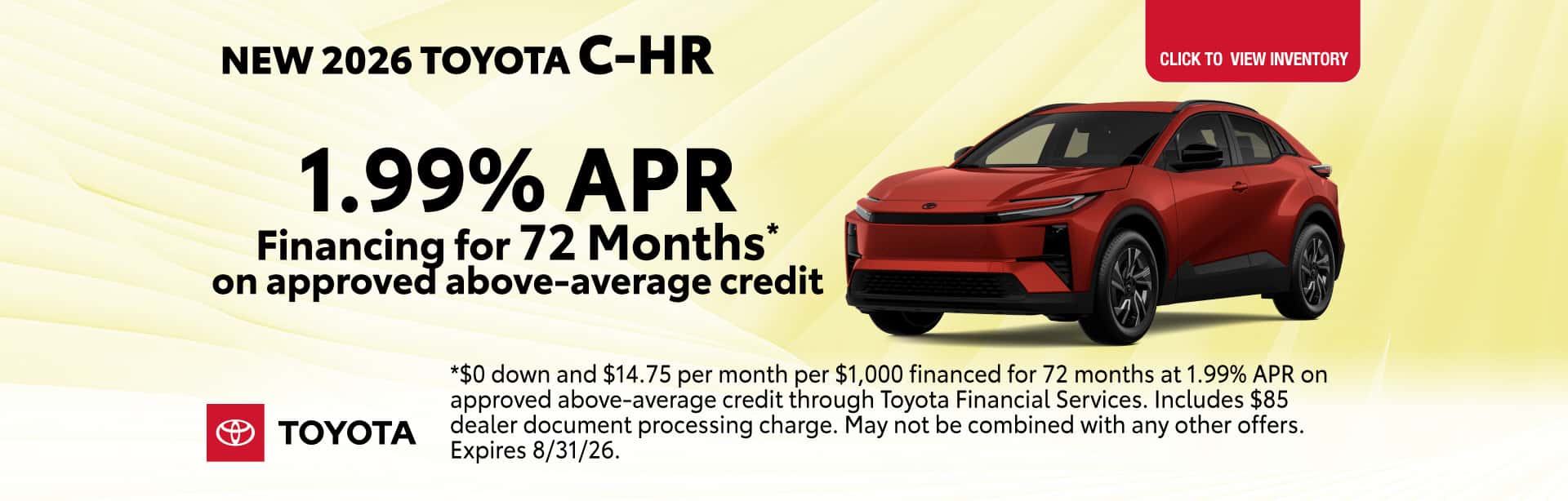 get 1.99% apr financing for 72 months on approved above-average credit on a new 2026 toyota C-HR