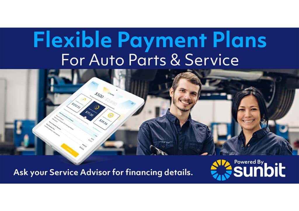 Image showing ad for SunBit financing, flexible payment plans for auto parts & service.