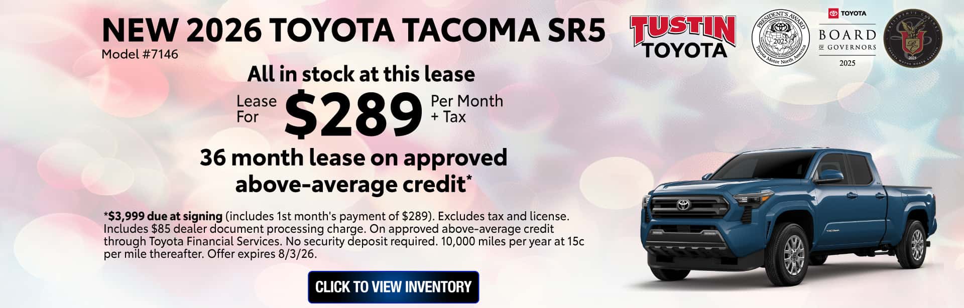 Lease a New 2026 Toyota Tacoma SR5 for $289 per months for 36 months on approved above average credit