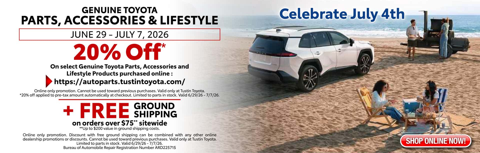 Get 20% Off on select genuine toyota parts, accessories & lifestyle products purchased online between June 29 - July7, 2026