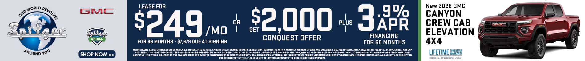 08.2026_GMC Canyon_Lease for $249 for 36 mo OR get $2000 conquest offer PLUS 3.9% for 60 mo
