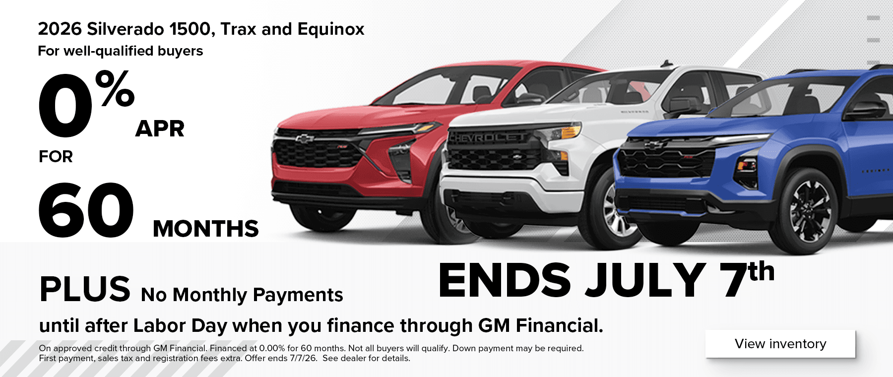 0% for 60 months APR offer on Silverados, Trax, and Equinox at West Herr
