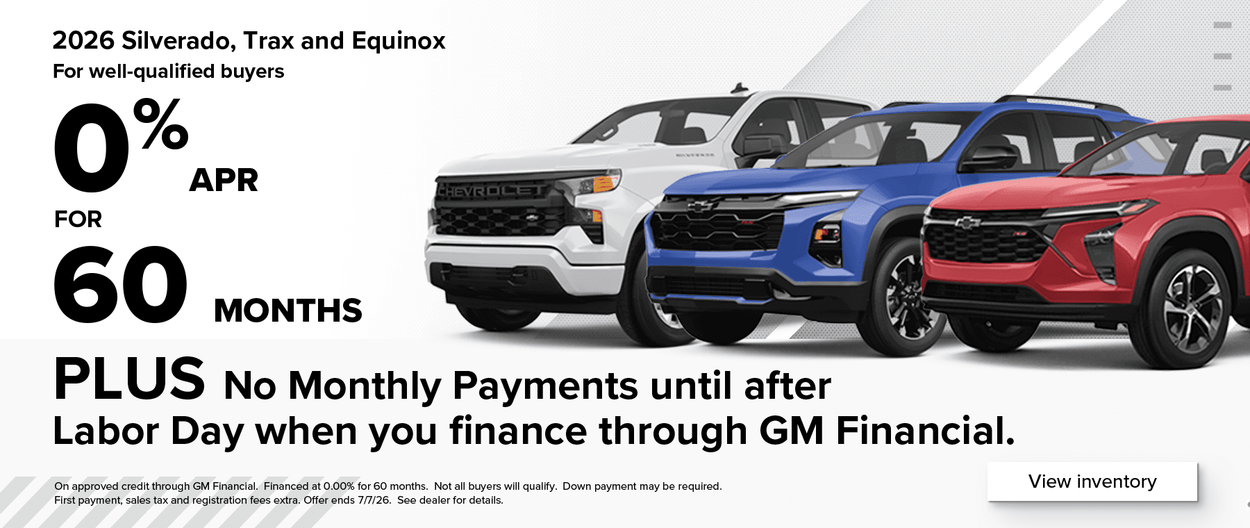 0% for 60 months APR offer on Silverados, Trax, and Equinox at West Herr
